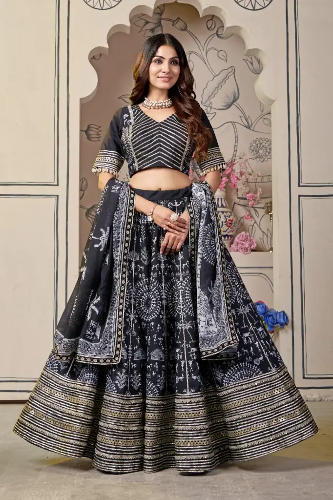 black lehnga-choli with varli printing with kali embellishment on mirror work and gota Pati