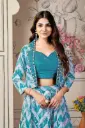 Oceanic blue lehnga-choli and blazer with zigzag pattern with flower, Embroidery Butti embllishment on blazer collar