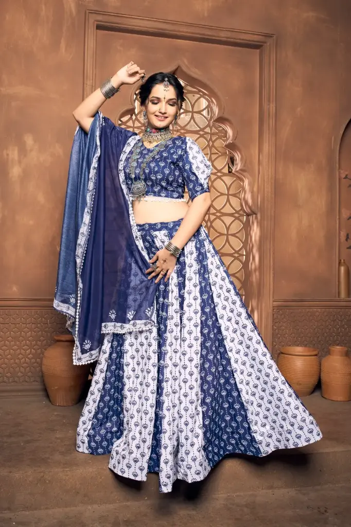  Blue and White Ajrakh printed lehnga-choli with Puffy sleeve and kodi-beads worked