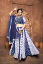  Blue and White Ajrakh printed lehnga-choli with Puffy sleeve and kodi-beads worked
