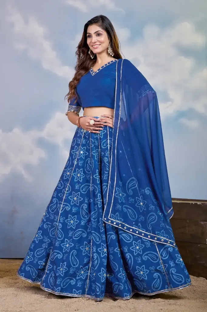 Royal Blue lehnga-choli with mirror work and embellishment gota pati lace on flare and kali  