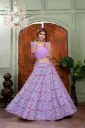 Lavandar lehnga-choli with multicolour print and embellishment of fur and flowers on blouse