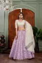 Lavandar and cream lehnga-choli with muslin shimmer fabric and lace embellishment on printed kali and flare