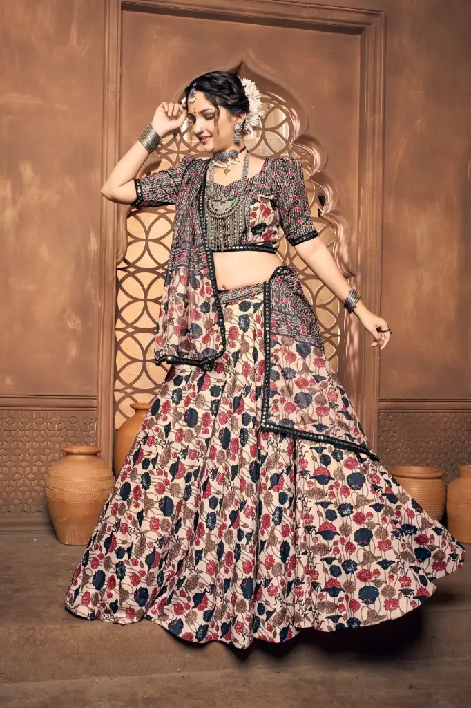 Multicolor lehnga-choli with kalamkari print and princess cut puffy sleeves