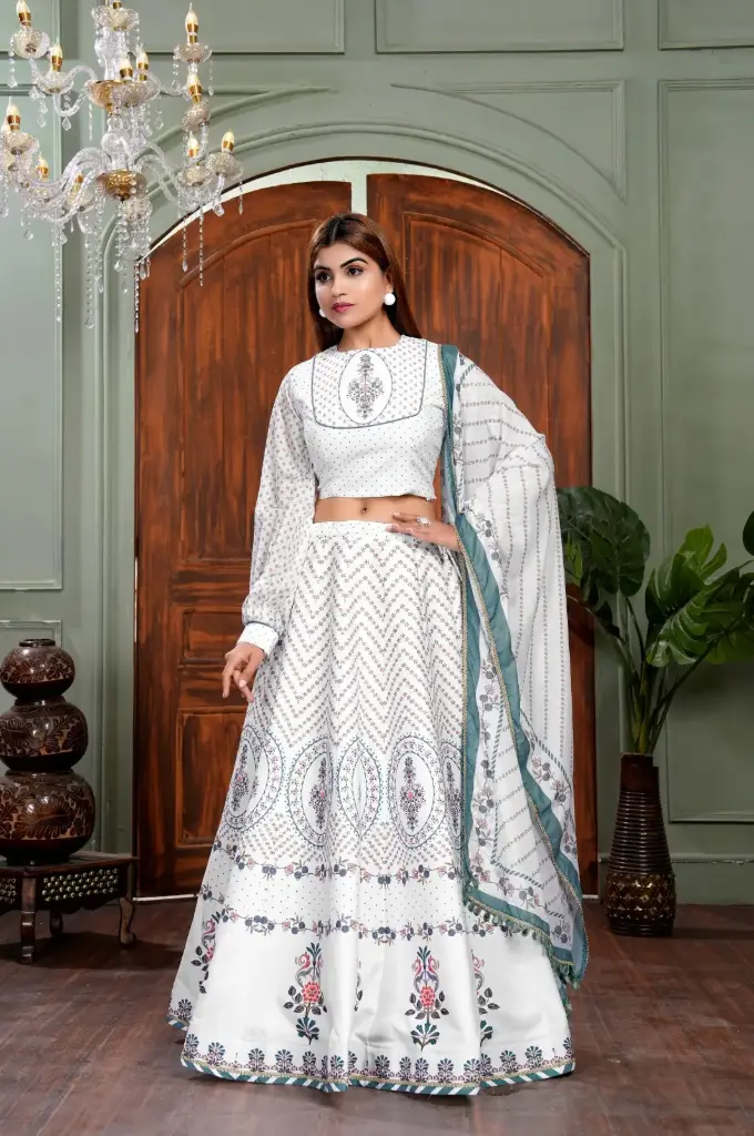 White lehnga-choli with multicolor printed kali and flare with lace embellishment