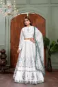 White lehnga-choli with multicolor printed kali and flare with lace embellishment