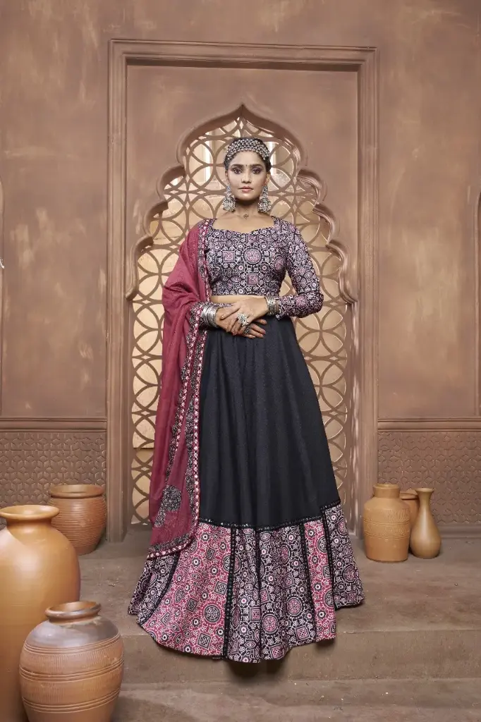Black lehnga-choli with multicolor Ajrakh print with princess cut full sleeves blouse