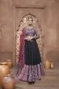 Black lehnga-choli with multicolor Ajrakh print with princess cut full sleeves blouse