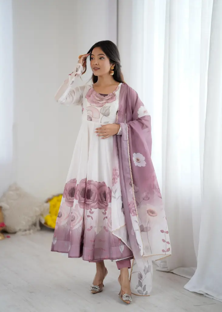 Classic onion pink floral printed organza Anarkali suit