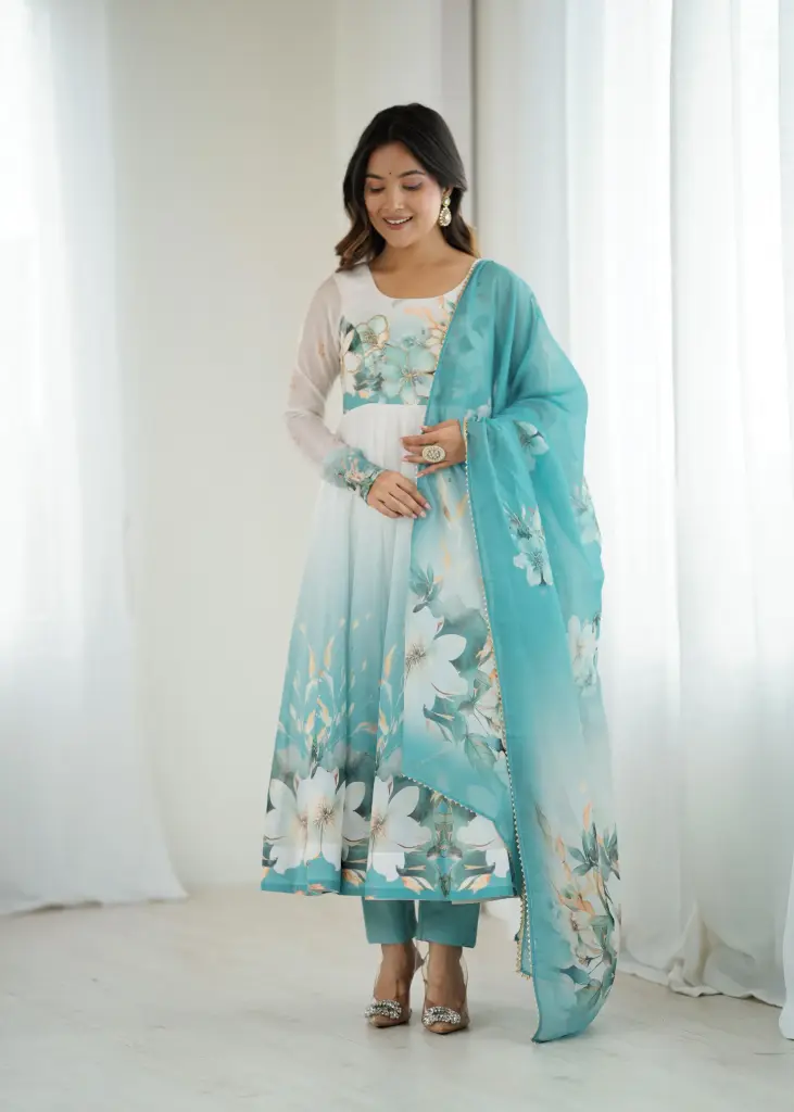 Sky blue floral printed organza Anarkali suit