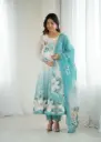 Sky blue floral printed organza Anarkali suit