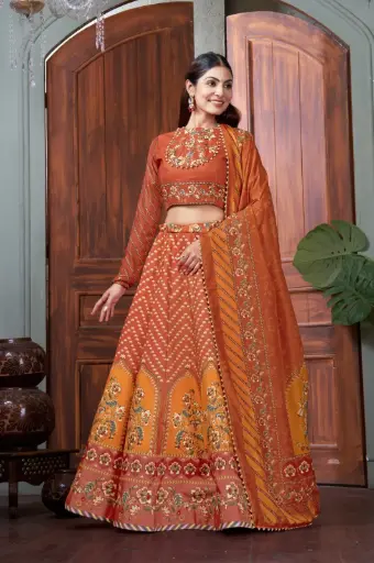 Orange color lehnga-choli with kali and flare print and fancy printed neck with piping Dori embellishment on blouse neck and waist