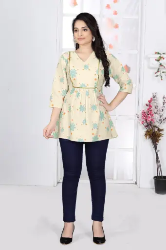 Soft cream with teal-blue floral Top