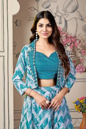 Oceanic blue lehnga-choli and blazer with zigzag pattern with flower, Embroidery Butti embllishment on blazer collar